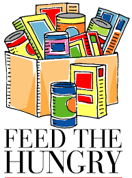 illustrative drawing of box of pantry food items with "Feed the hungry" in text below